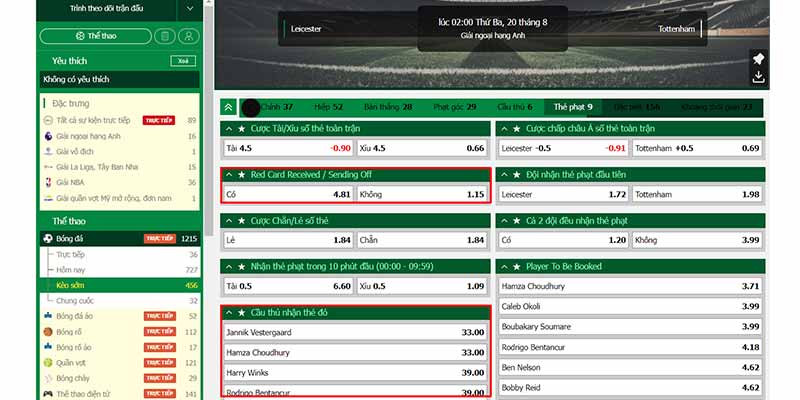 Kèo thẻ đỏ trong trận đấu giữa Leicester vs Tottenham